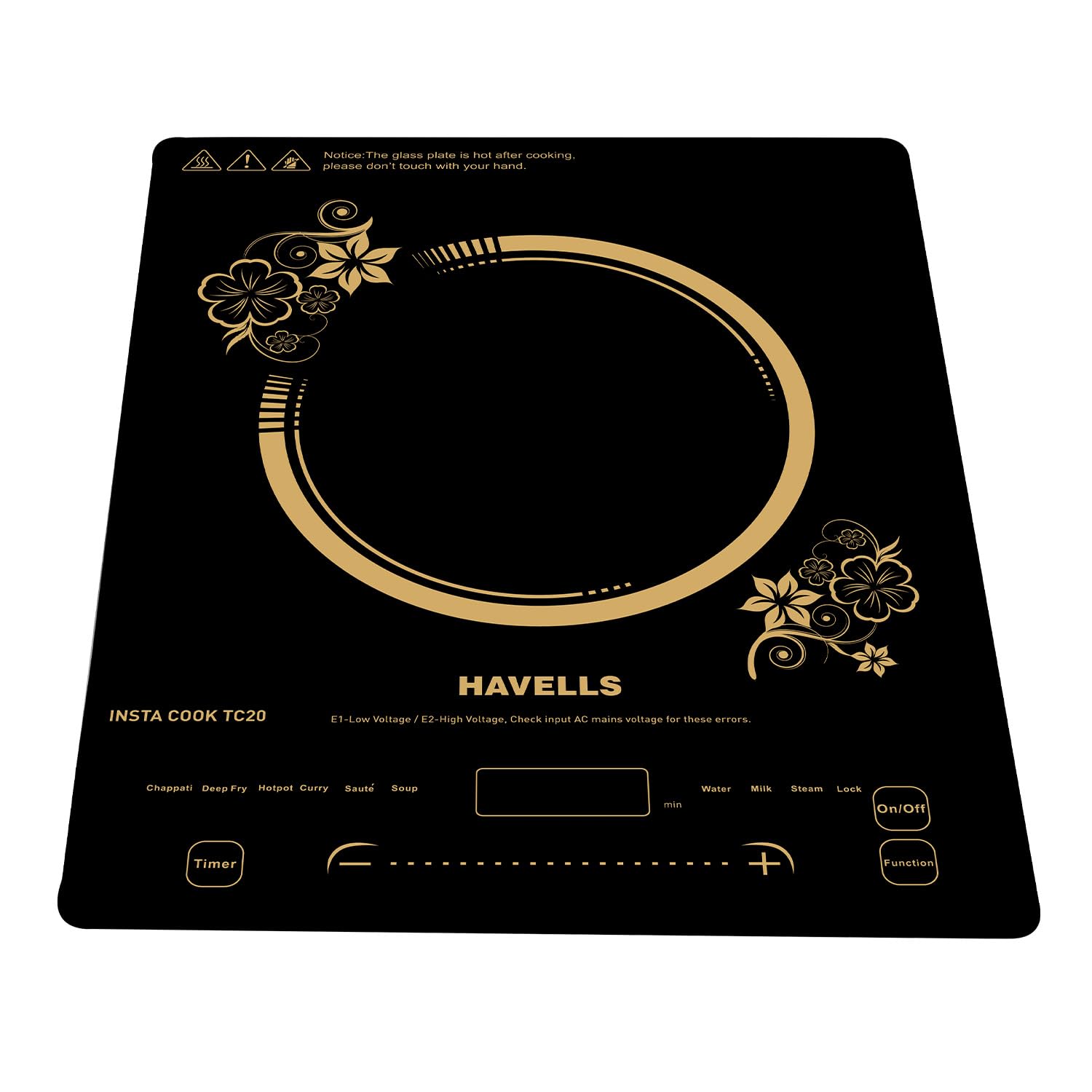 Havells Tc 20 Glass Ceramic Cooktop Induction (Electric Stove) | 2000 W | With 9 Cooking Options | Copper Coil With 3 Year Warra