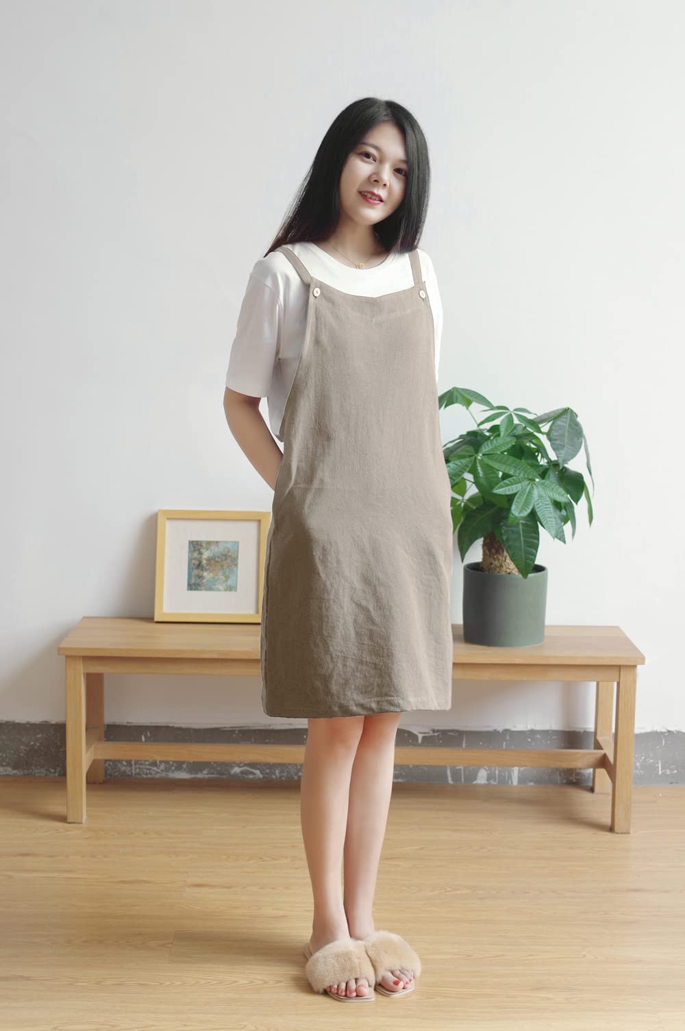 Bbybbs Kitchen Apron Japan Style Cotton Linen Two Pockets Adjustable H Shoulder Straps (Khaki)