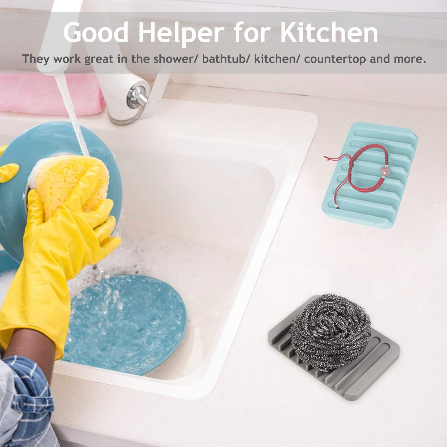 MODENGKONGJIAN Self Draining Soap Dishes - 3 Pcs Silicone Holder, Waterfall Design, Colors: White, Gray, Teal, Model FZH-3PCS