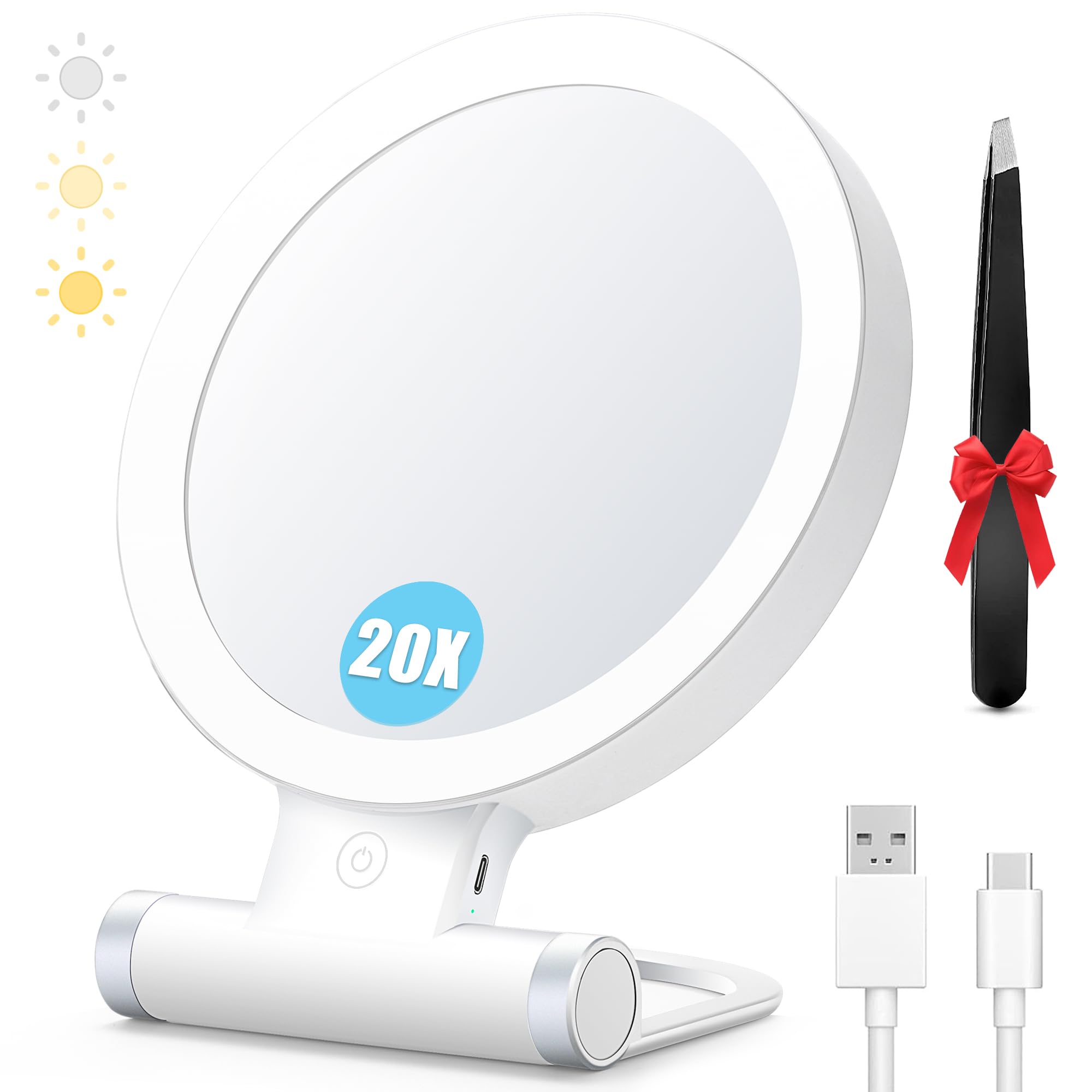 Miyadiva 20X Magnifying Mirror With Light, Travel Magnifying Mirror, 1X/20X Vanity Mirror With Light, Adjustable Handle Travel M