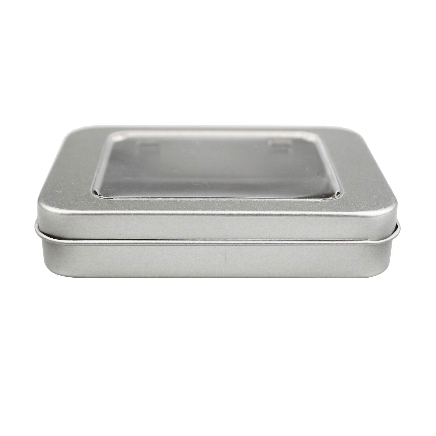 12 Pack Empty Rectangular Metal Storage Organizer Tins With Clear Window Hinged Lids For Candies, Gifts & Treasures (Silver)