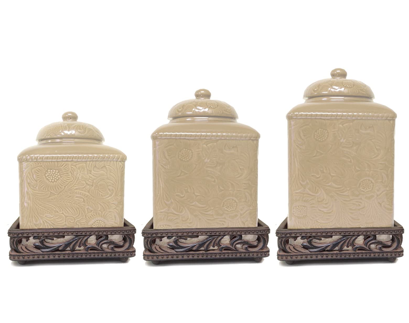 HiEnd Accents Savannah 3 Piece Ceramic Dinnerware Square Canister Set with Base, Cream Tooled Leather Floral Pattern, Modern Rus