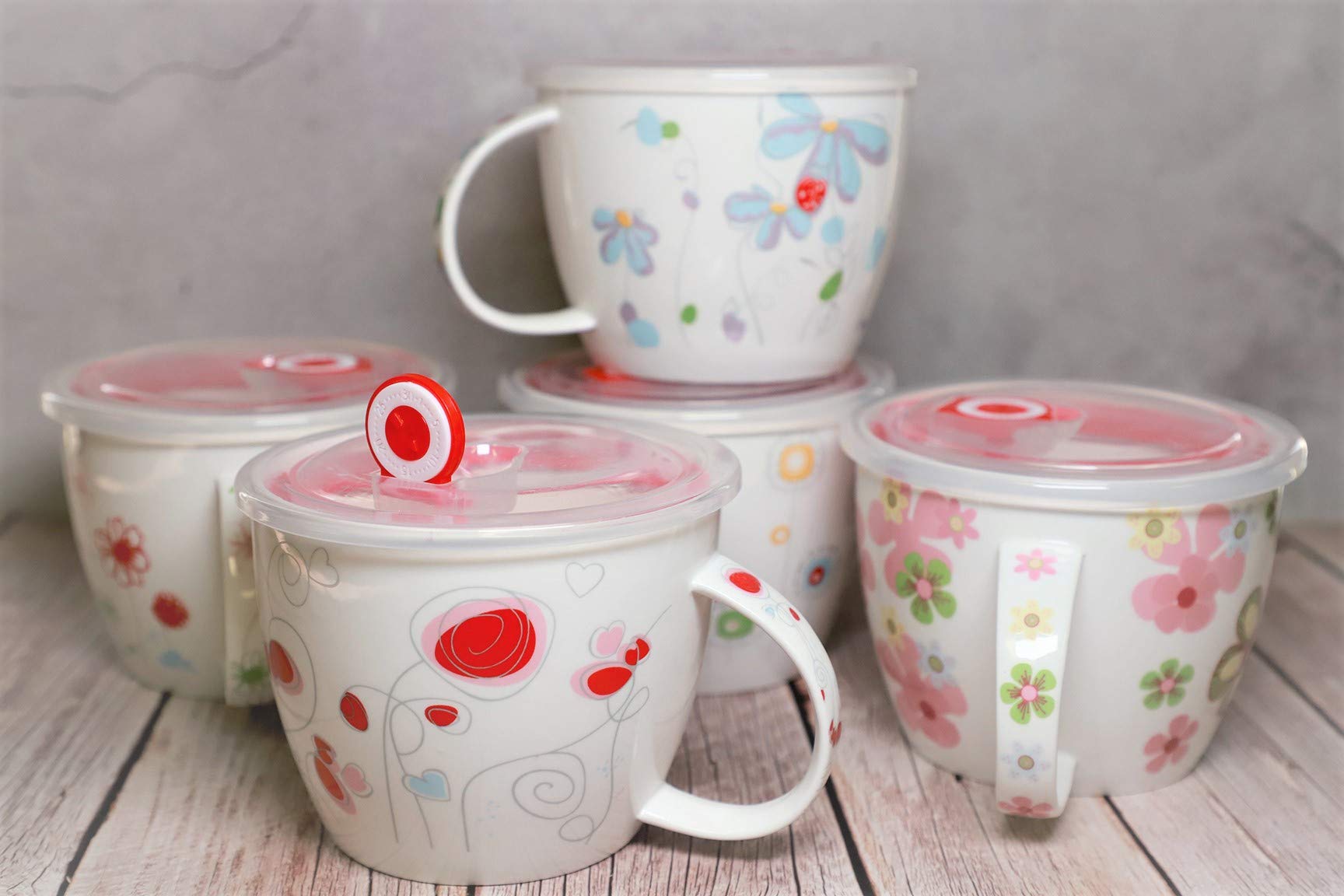 High Quality Microwavable Ceramic Noodle Bowl With Handle And Seal Fine Porcelain Floral Design (Bluedaisy)