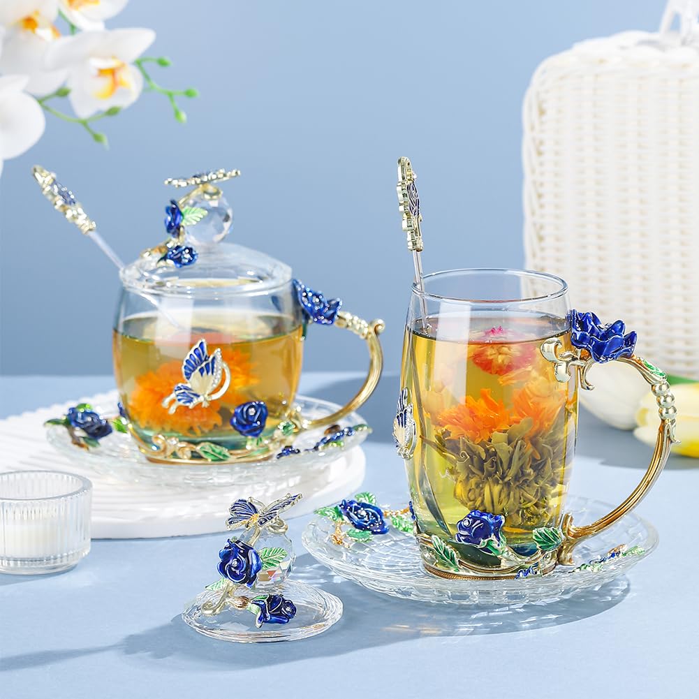 Lantree Glass Coffee Mug Birthday Christmas Gift For Women Mom Sister Girlfriend Coworker Flower Butterfly Tea Cup Antique Coffe