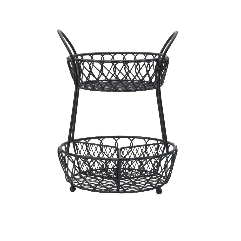 Gourmet Basics By Mikasa Loop And Lattice 2 Tier Divided Round Basket, Black