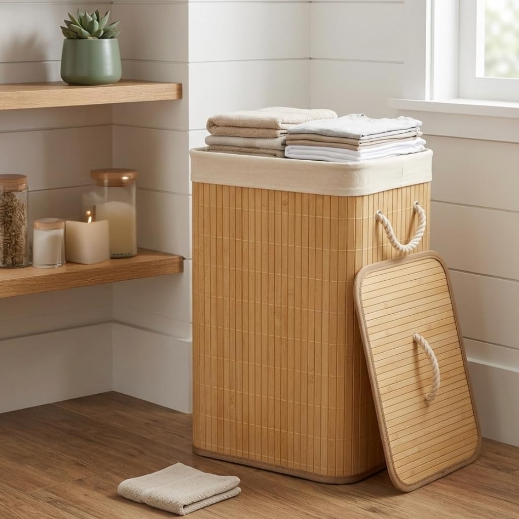Prettykrafts 81 Liter EcoFriendly Foldable Bamboo Laundry Basket For Clothes With Lid | Laundry Bag For Clothes | Clothes Baske