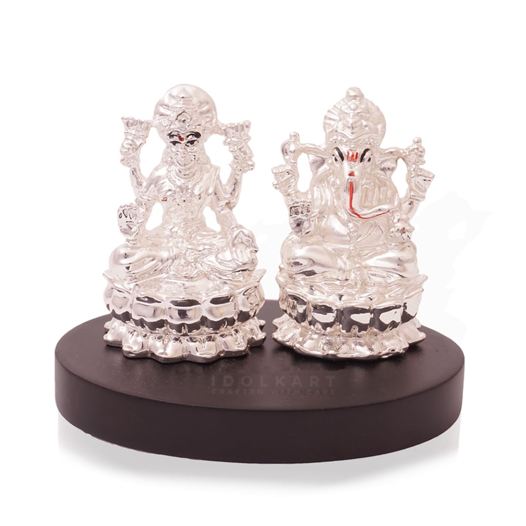 Idolkart 999 Silver Plated Ganesh Lakshmi Murti On A Wooden Base | Small Size (3 Inch) | Ganesh Laxmi Idol For Diwali Puja, Gift