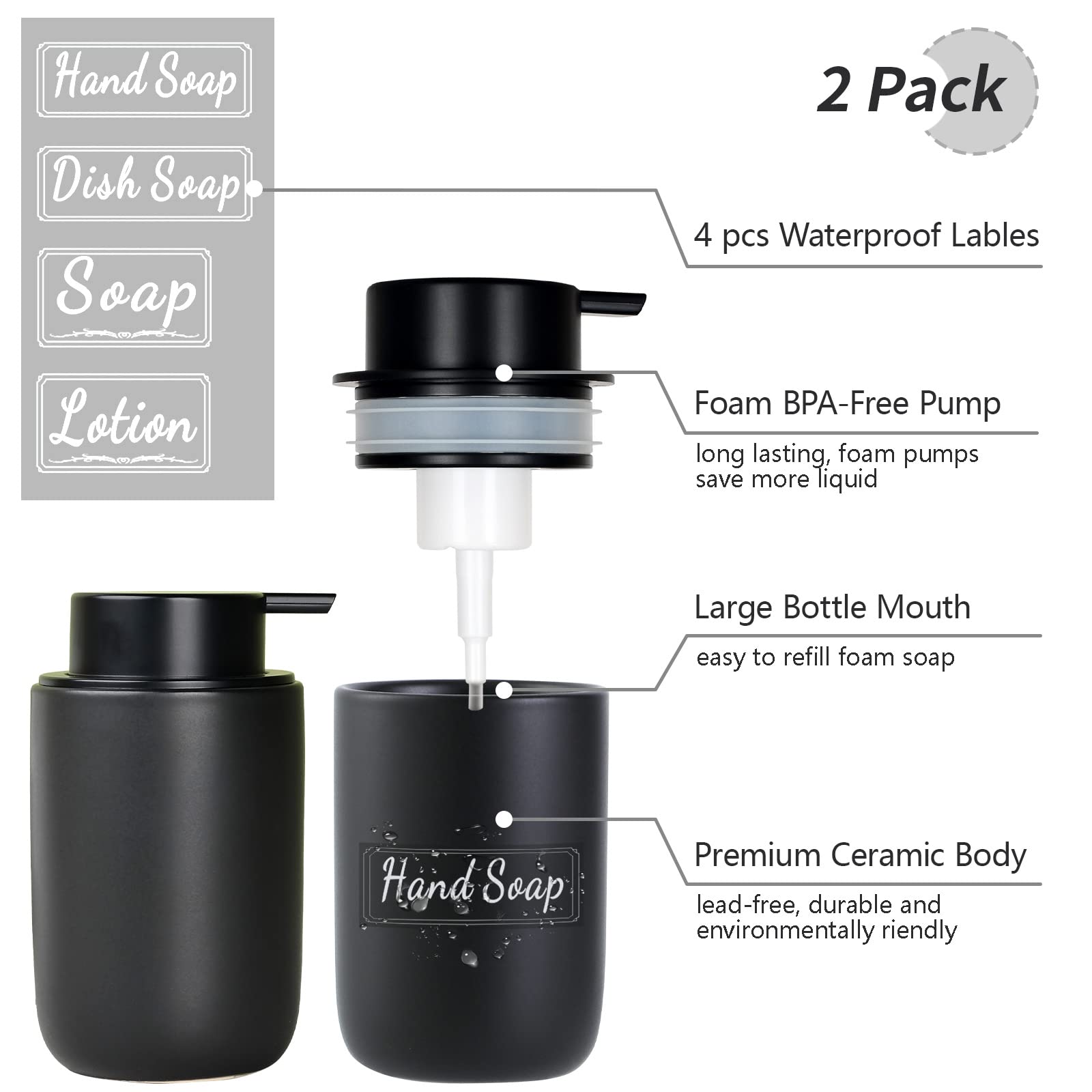 Bosilunlife Foaming Soap Dispenser Set - Black Ceramic Foam Hand Soap Dispenser 12Oz Soap Dispenser Set With Rust Proof Pump, 4P