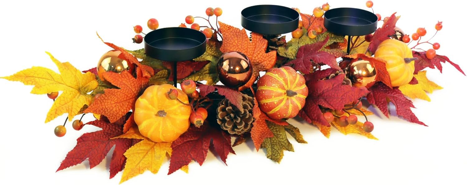 Fall Candle Holder Centerpiece for Table - Thanksgiving Table Decor with Pumpkins, Maple Leaves,Autumn Harvest Decoration with 3