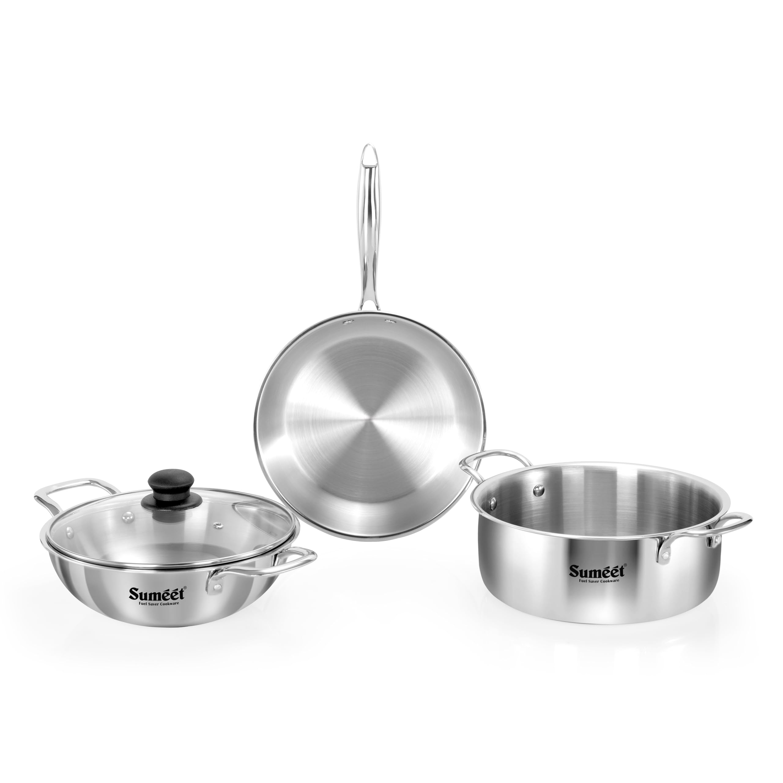 Sumeet Cook Smart Triply Stainless Steel 4Pc Induction Base Cookware Set Of Deep Kadai - 20Cm - 1.7L  Frypan - 20Cm - 1 Ltr  Casserole - 20Cm - 2.9Ltr & Glass Lid  Pack Of 4  Silver