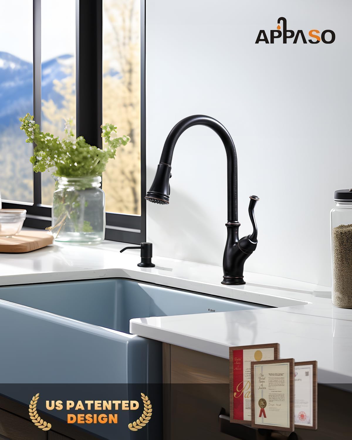 APPASO Oil Rubbed Bronze Kitchen Faucet with Soap Dispenser  Stainless Steel Kitchen Faucet with Pull Down Sprayer 3-Function High Arc Single Handle Bronze Kitchen Sink Faucet