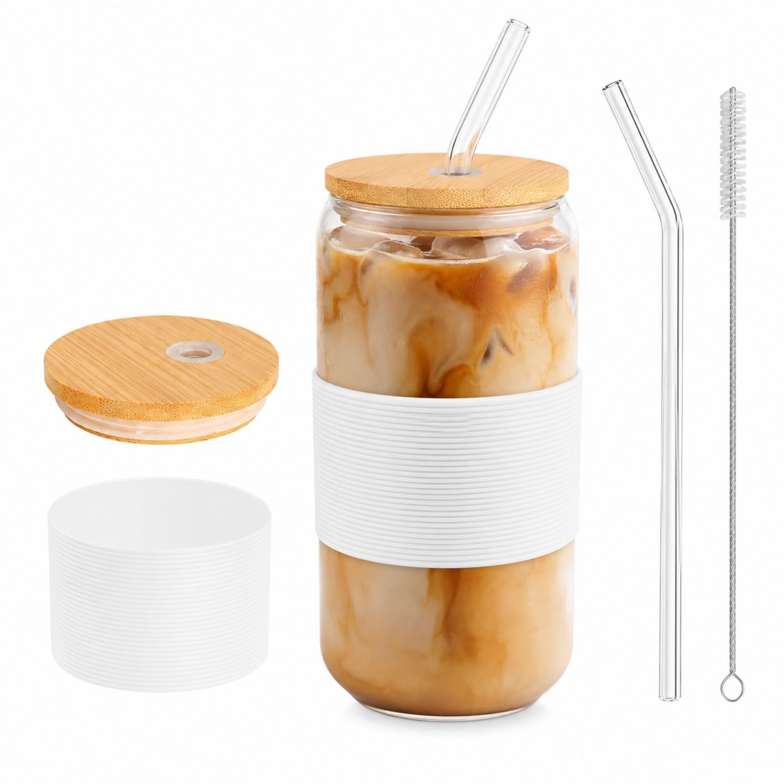 DAMCONME Glass Cup with Lid and Straw, Iced Matcha Cup with Bamboo Lid, 16 oz Reusable Glass Tumbler with White Silicone Sleeve 