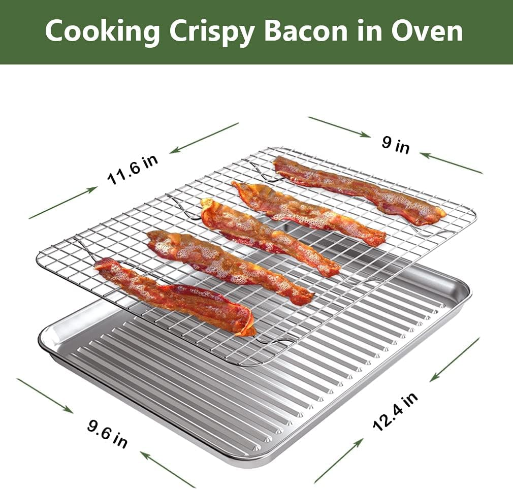 Rottay Quarter Baking Sheet Pan With Wire Rack Set [2 Pans + 2 Racks], Stainless Steel Cookie Sheet For Oven, Warp Resistant & H