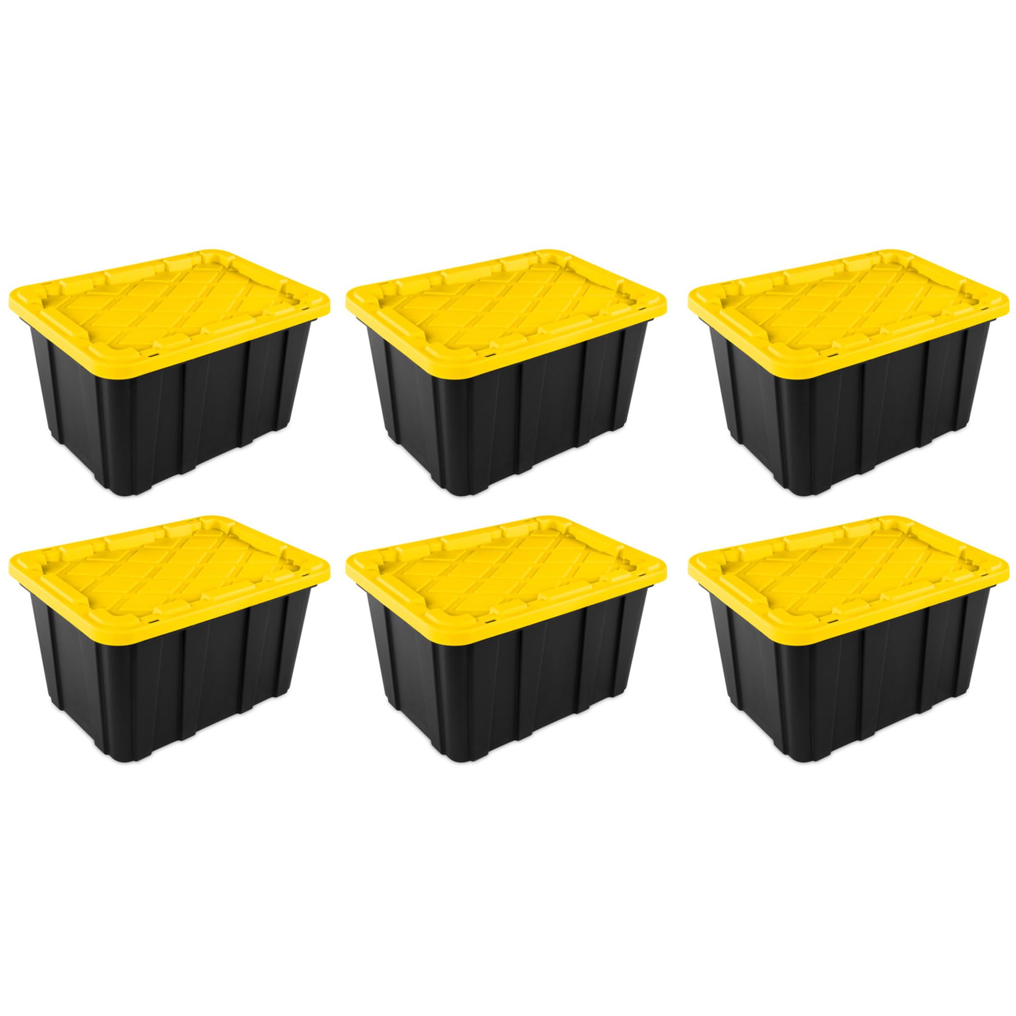 Sterilite 6-Pack Stackable Storage Bins, Heavy Duty Totes W/ Lids, 27 Gallon, Black/Yellow