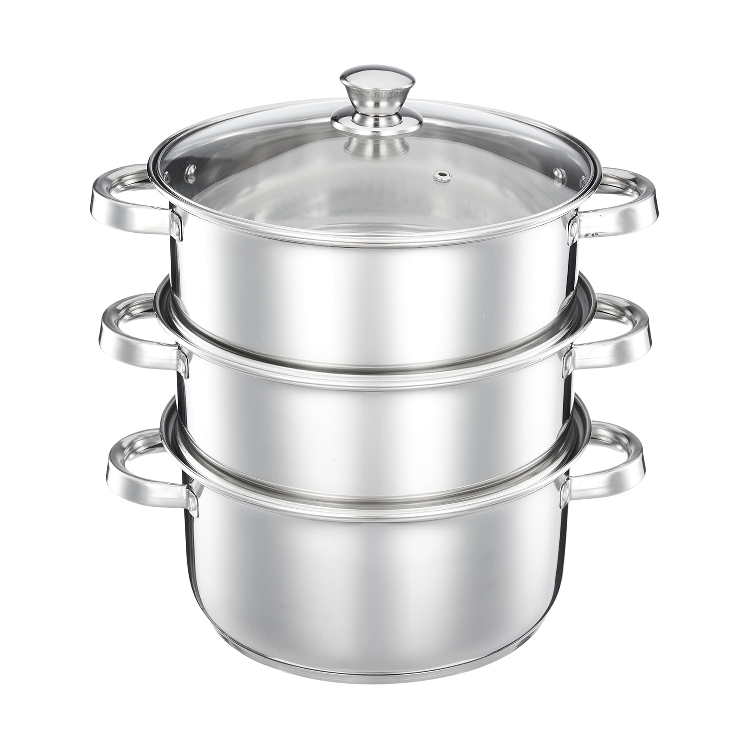 Amazon Brand - Solimo Stainless Steel 3-Tier Steamer With Glass Lid | 20 Cm | Induction Bottom | For Modak, Momos & More | Compa