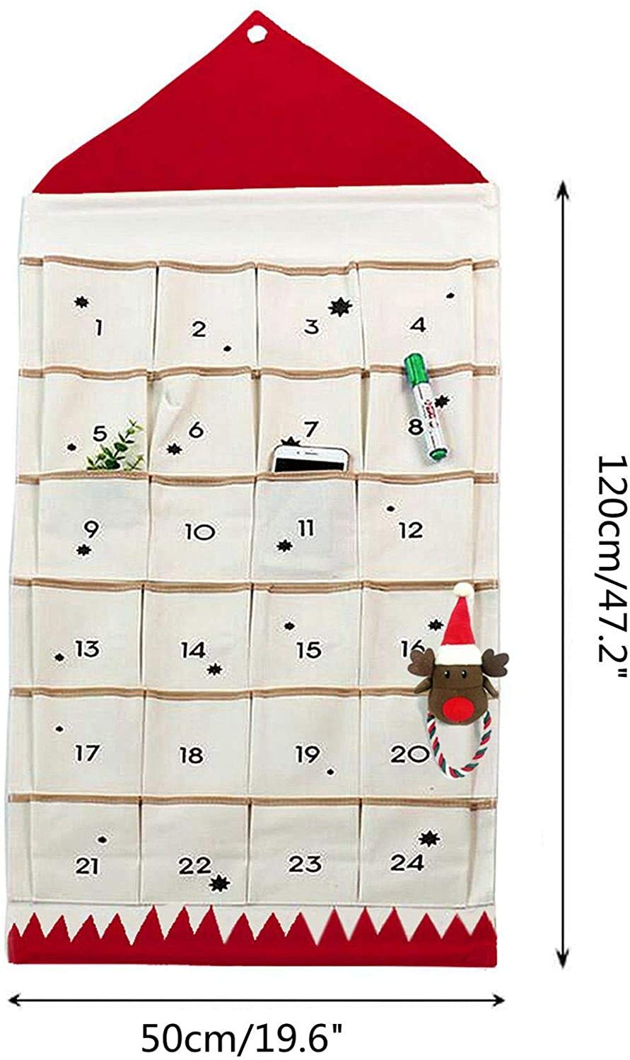 Christmas Advent Calendar with Pockets Wall Hanging Bag for Home Xmas Countdown Decoration (Red)