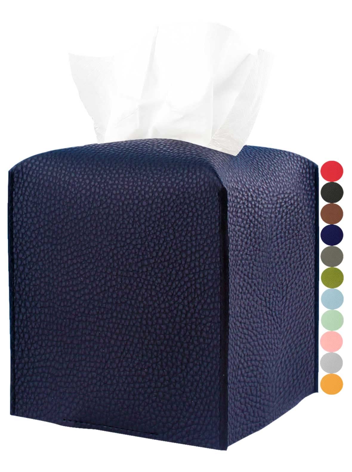 Tissue Box Cover Square Leather - Tissue Box Holder With Bottom Belt [Jesmini, Navy Blue] Decorative Cube Tissue Holder For Bath