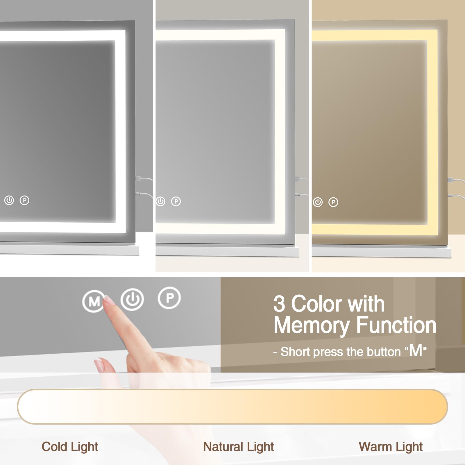 Large Lighted Vanity Mirror With Lights, 23 X 19 Light Up Make Up Mirror With Smart Touch 3 Colors Dimmable, Tabletop Or Wall-Mo