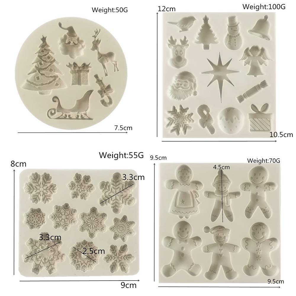 Set Of 4 Christmas Fondant Molds, Xmas Cake Cupcake Decoration Silicone Chocolate Candy Mold, Christmas Tree/Gingerbread Man/Rei