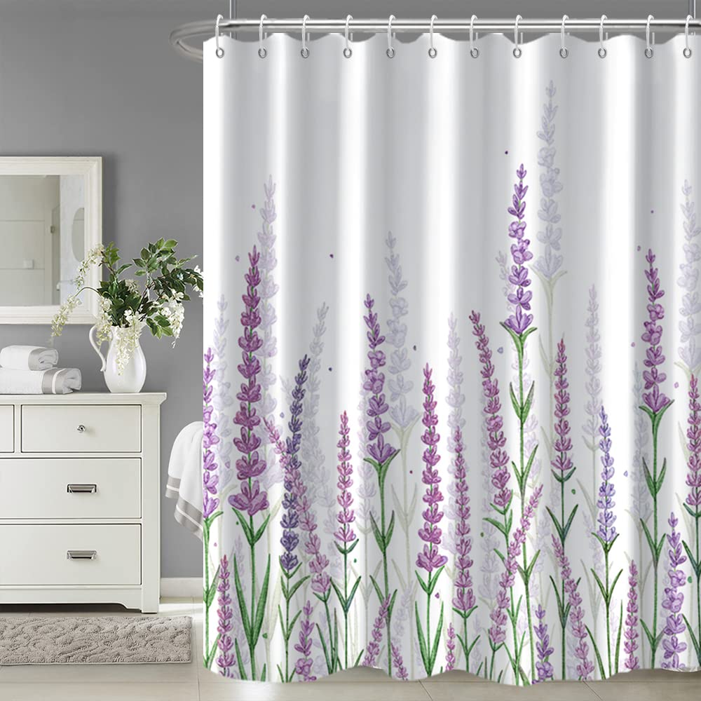 Ruelvth Purple Shower Curtain, Lavender Shower Curtain For Bathroom Waterproof Fabric Spring Plant Leaves With Floral Shower Cur