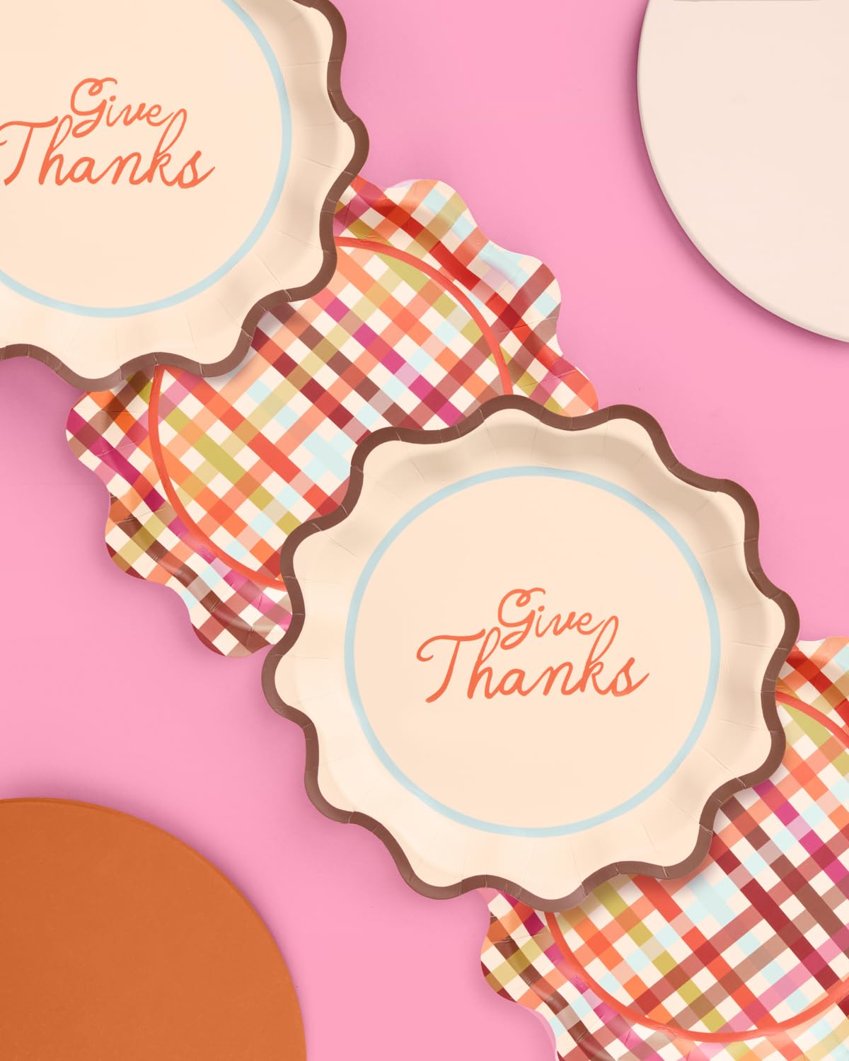 xo, Fetti Thanksgiving Paper Plates | 24 pcs | Give Thanks Party, Fall Plaid Tableware, Wavy Dinner Setting, Friendsgiving Decor