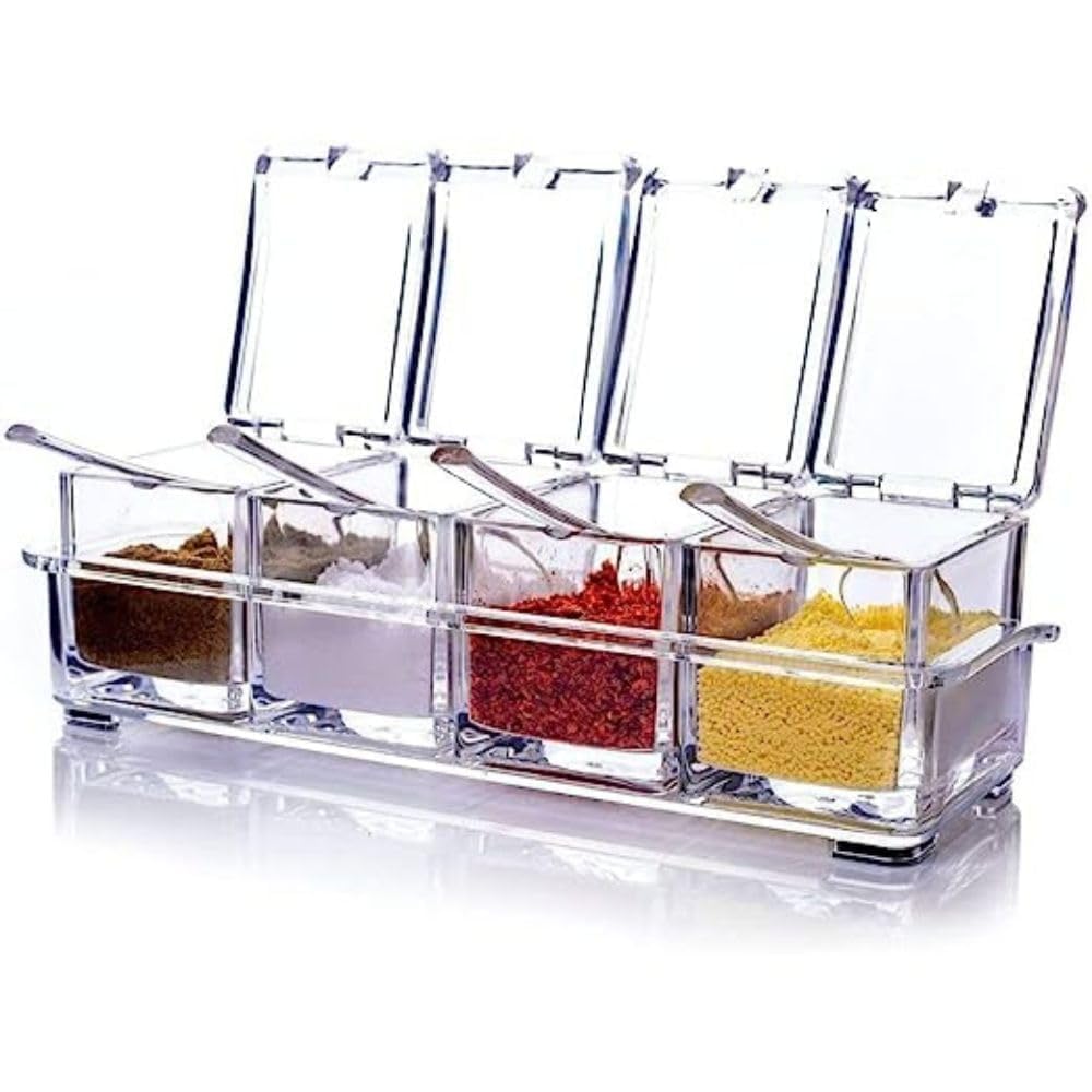 Tamqusak Crystal Acrylic Spice Rack With 4 Boxes And Spoons, Transparent, For Salt, Pepper, And Seasoning Storage