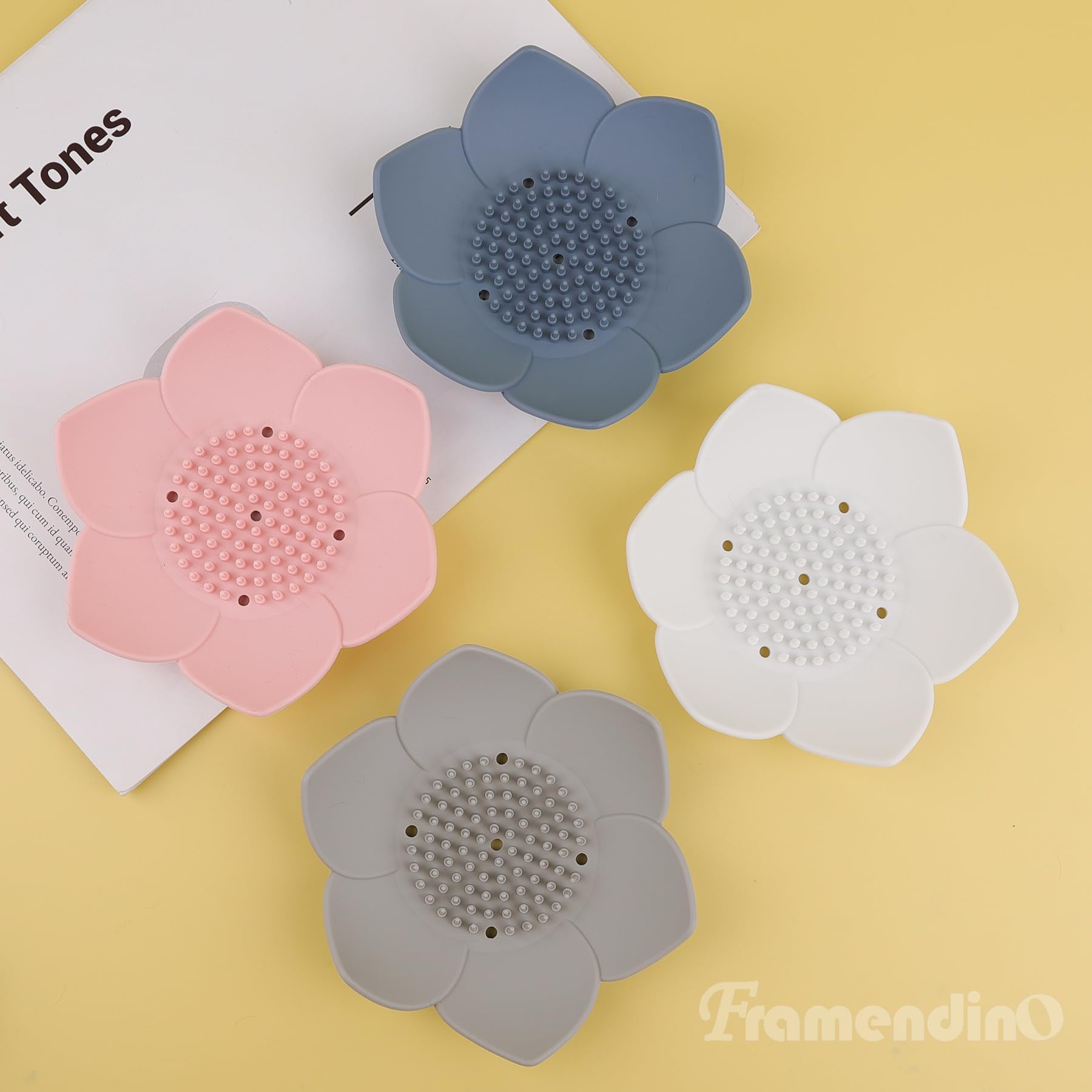 Framendino, 4 Pack White Silicone Soap Dishes Non-Slip Floral Shaped Design Self-Draining Sponge Bar Soap Holder For Shower Bath