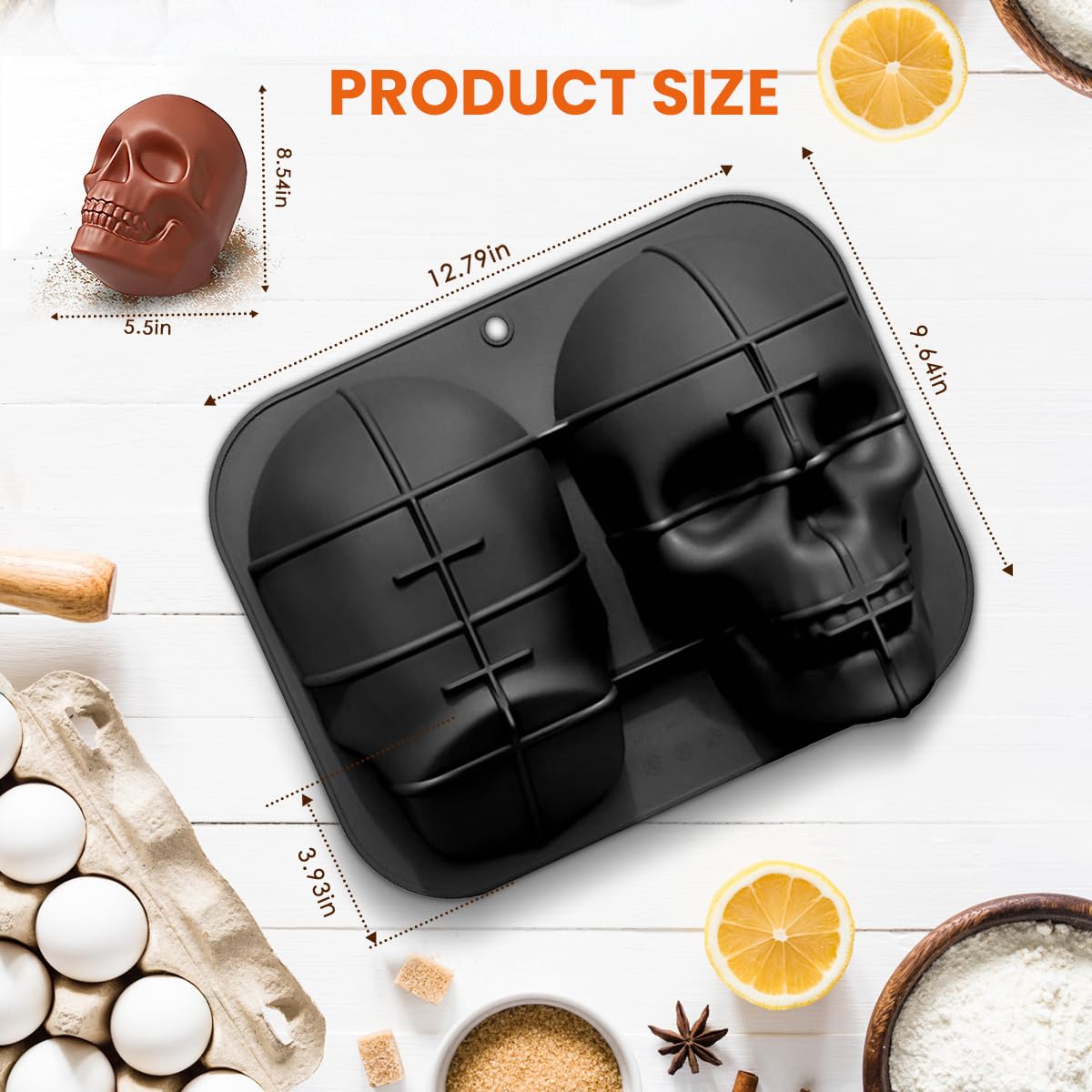Tznponr 3D Skull Baking Cake Mold For Halloween,Food Grade Silicone Diy Large Skull Cake Pan,Halloween Decor Birthday Part(Black