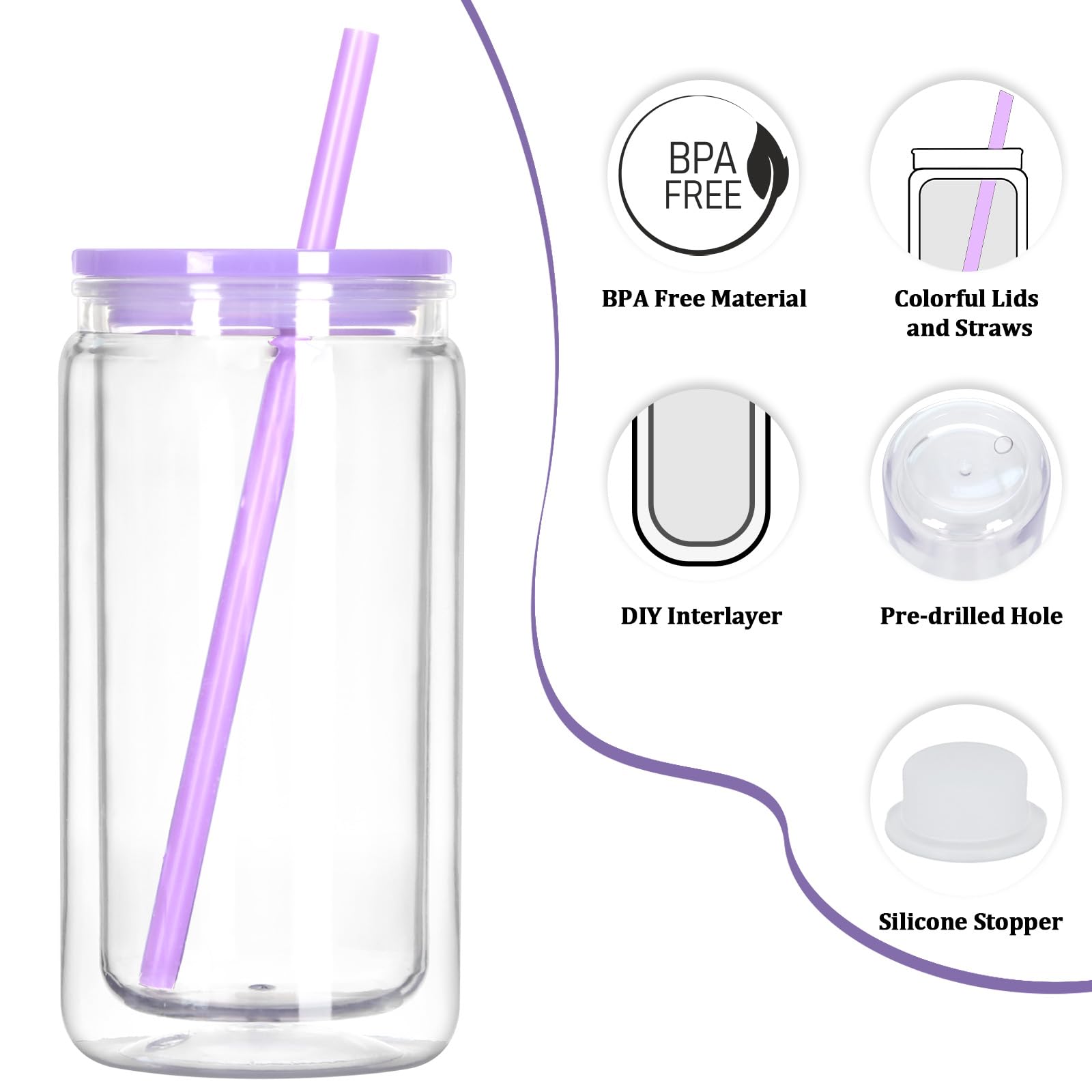 Tswofia 8 Pack Snow Globe Tumbler, 16 Oz Double Wall Plastic Can With Lid and Straw, Mason Jar Mug for DIY Glitter Gift (Mixed C