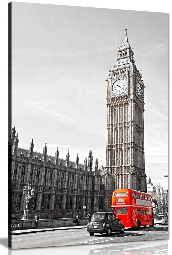 Big Ben London Bus Black White Red Home Canvas Wall Art Picture Print (12X8In)