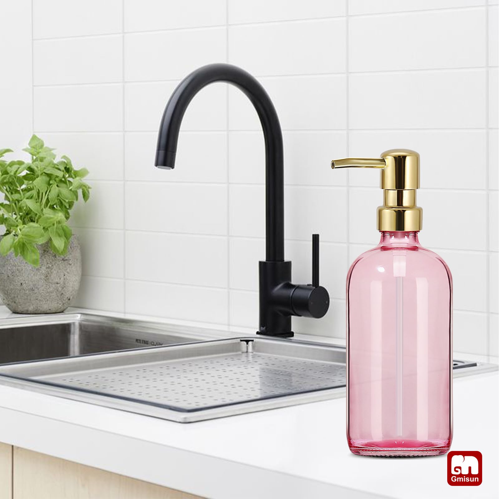 Gmisun Pink Soap Dispenser Bathroom, 1 Pack Glass Dish Soap Dispenser For Kitchen With Rustproof Plastic Gold Pump, 16 Oz Bathro
