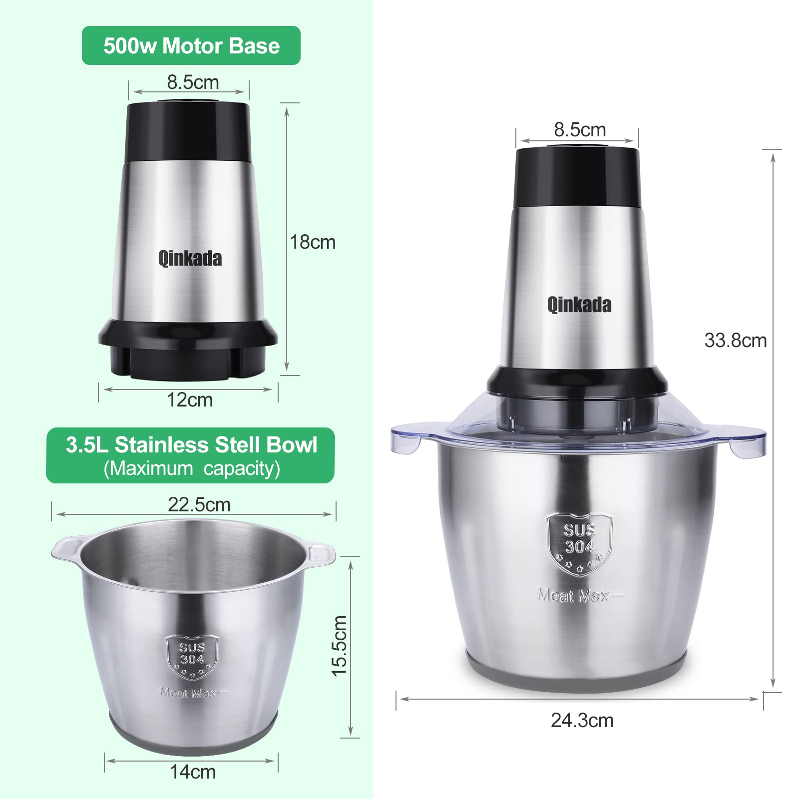 Qinkada Meat Grinder, 500W Powerful Food Processors, 14Cup Stainless Steel Bowl, 3 Speed Modes 4 Bi-Level Blades for Onion, Meat