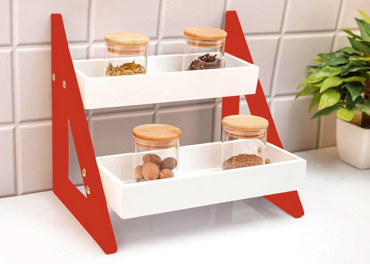 Dream Shop Multipurpose Kitchen Organizer Wooden Spice Rack For Kitchen|Tiered Shelf Storage Rack For Spice Jars/Bottle&Utensils