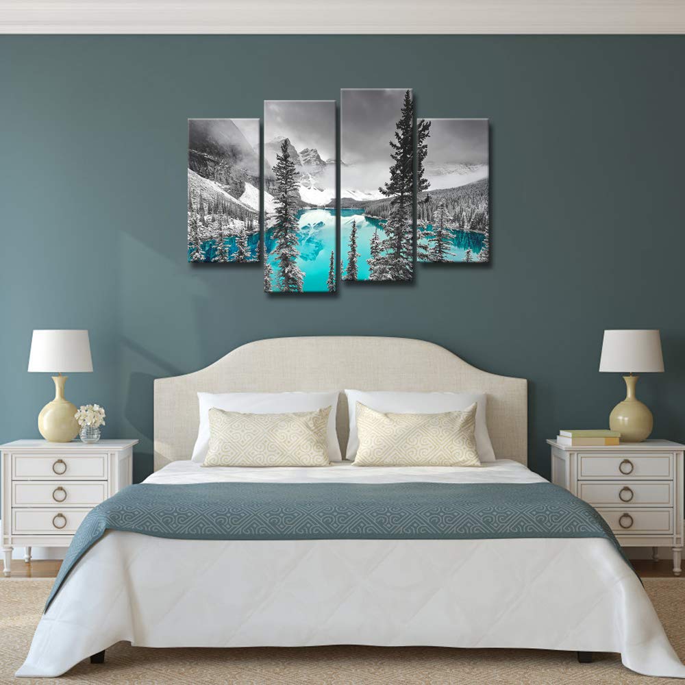 Derkymo 4 Pieces Teal Blue Moraine Lake Wall Art Black And White Canada Rocky Mountain Picture Landscape Print On Canvas Giclee