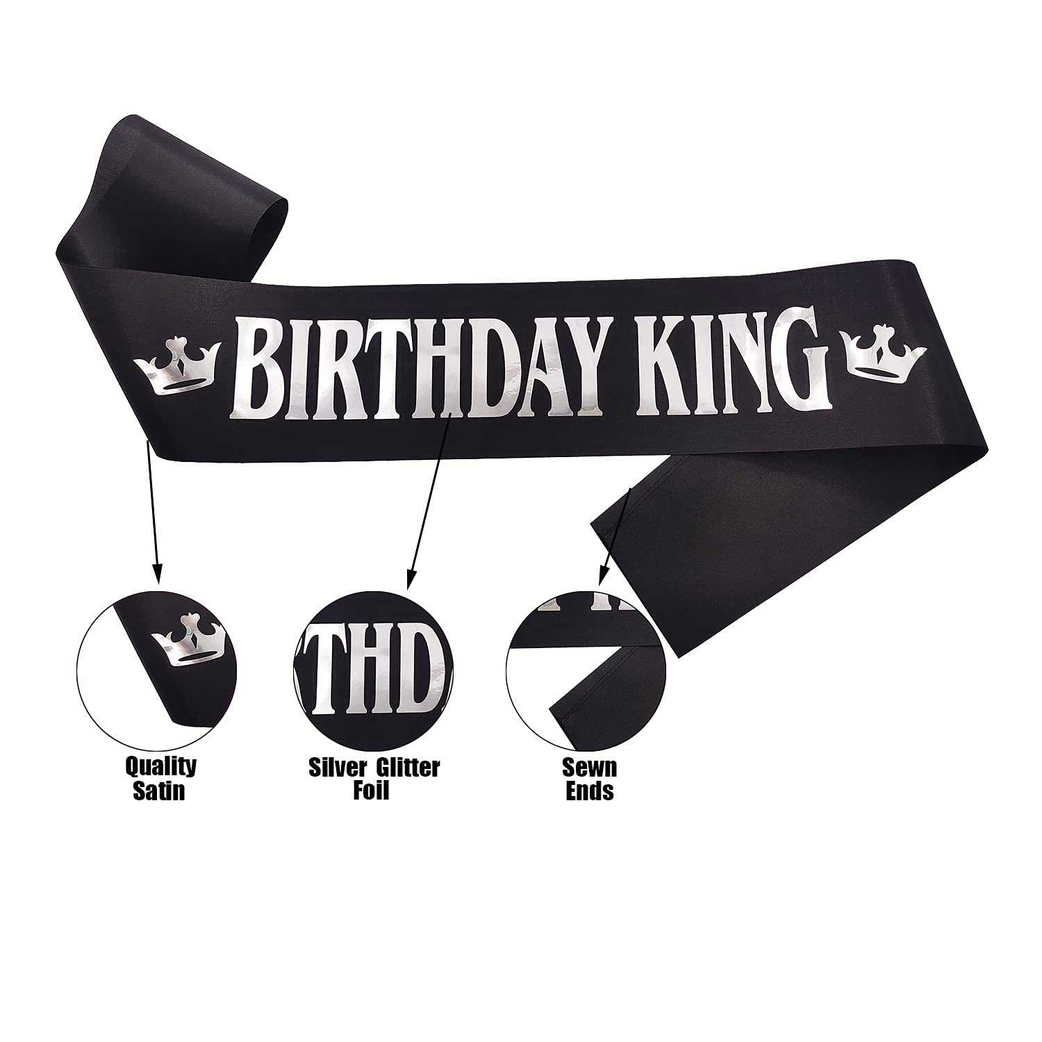 Birthday Gifts For Men,Boy Birthday King Sash Birthday Party Supplies And Decorations (Black-Silver)