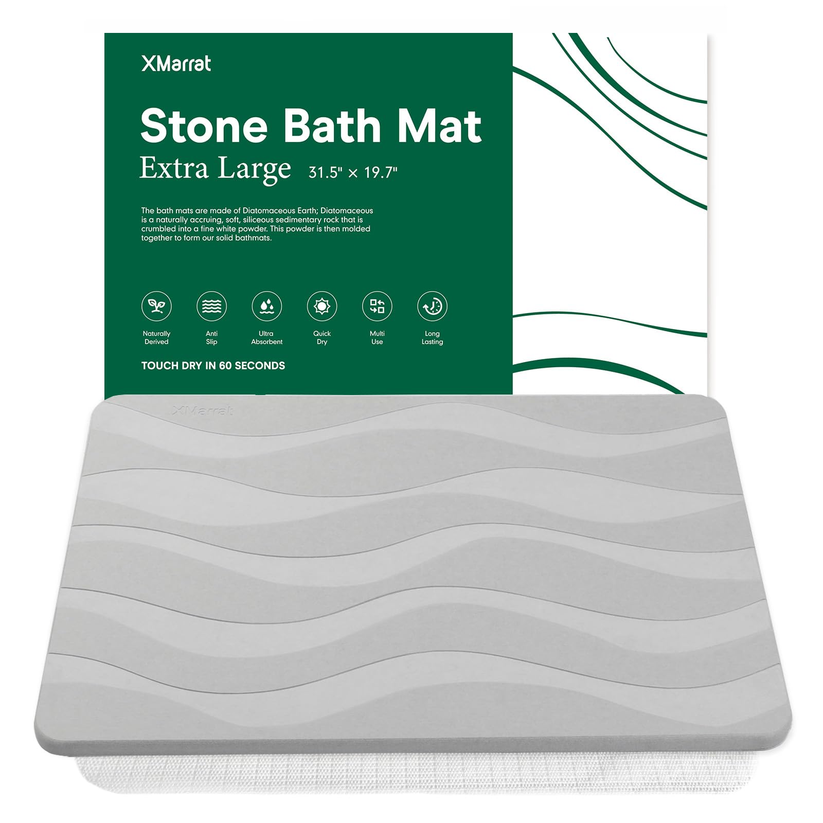 XMarrat Large Stone Bath Mat, 31.5 x 19.7 Super Absorbent Diatomaceous Earth Bath Mat Large, Quick Drying Non-Slip Diatomite