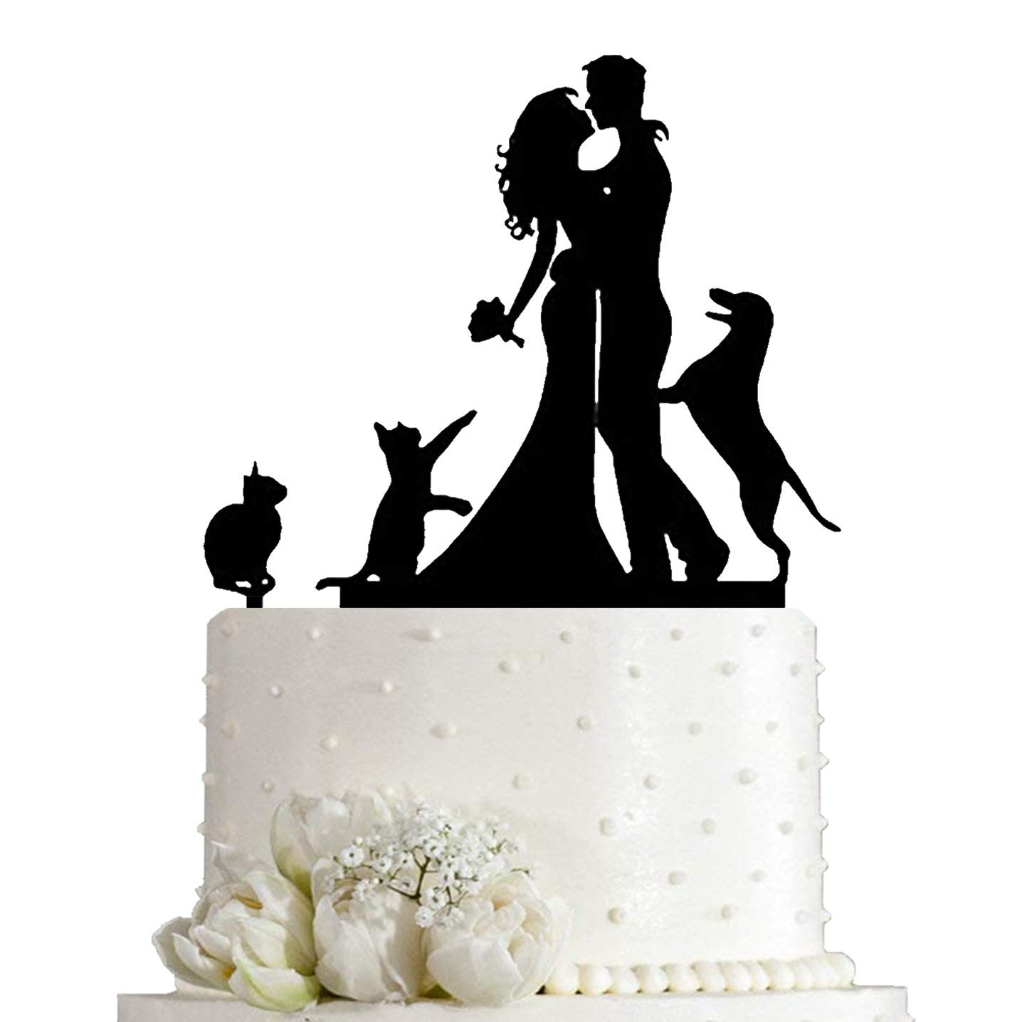Kissing Bride And Groom With Cat And Dog Silhouette Wedding Acrylic Cake Topper (Black)