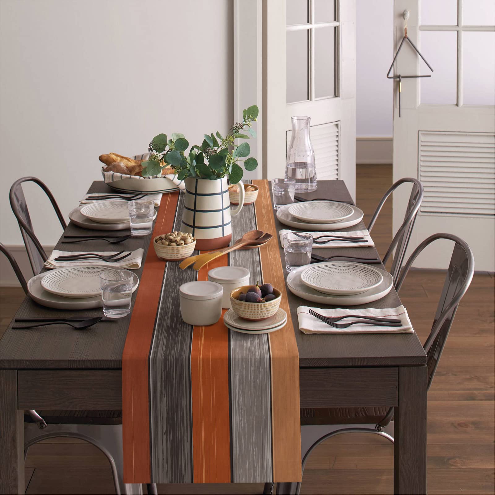 Farmhouse Cotton Linen Table Runner Dresser Scarf Extra Long 108 Inches- Retro Rustic Barn Wood Texture Ombre Burnt Orange Gray