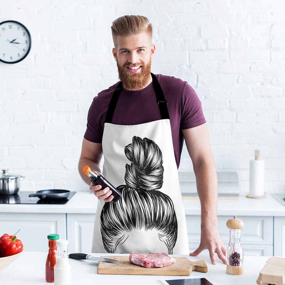 Moslion Girl Apron 31X27 Inch Sketch Of Woman With Fashion Bun Perfect Eyebrow Eyelash Kitchen Chef Waitress Cook Aprons Bib Wit