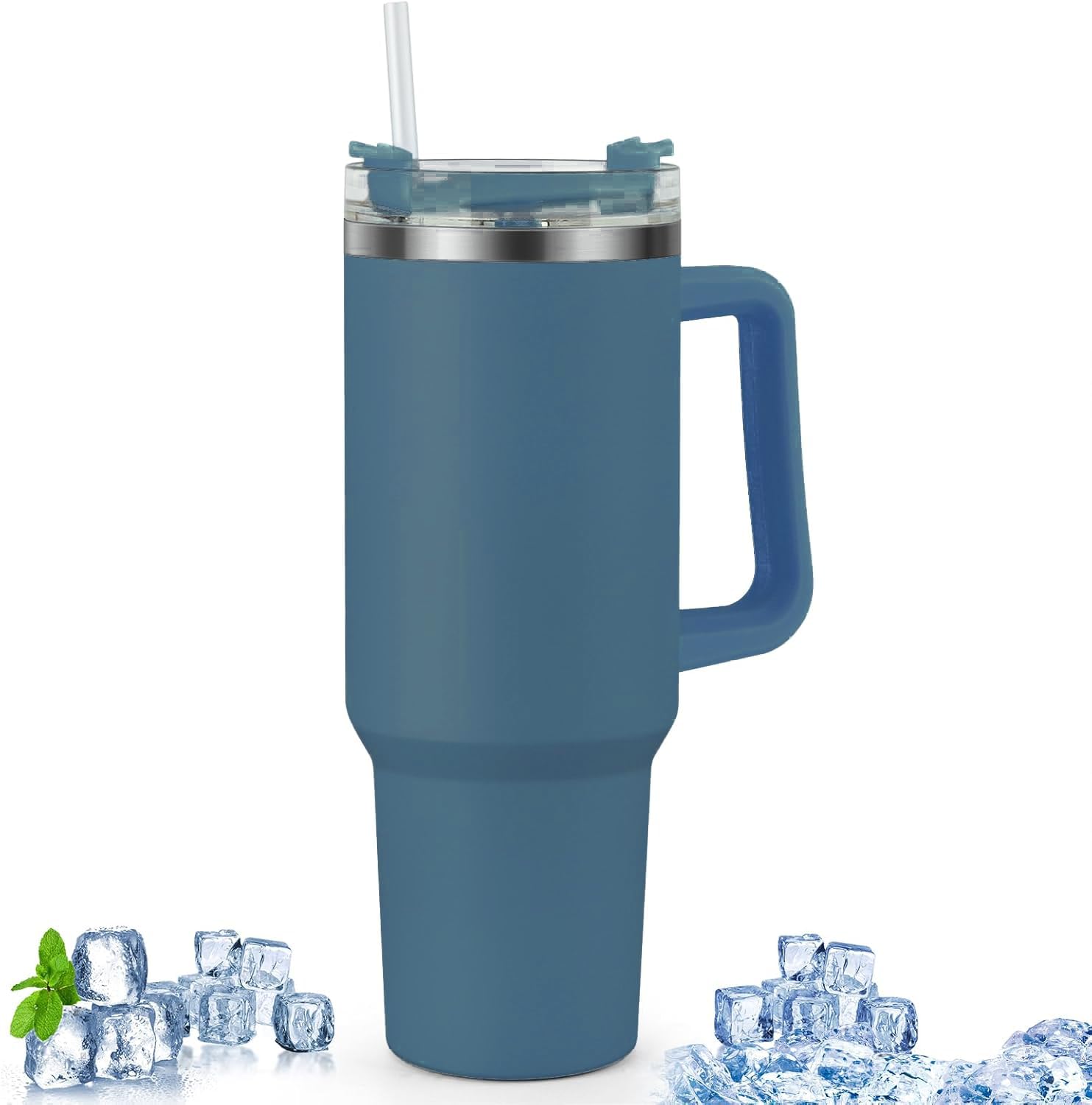 Xiawao 1200Ml Mug Tumbler With Handle And Straw Lid, Stainless Steel Large Water Bottle Gifts For Women Men Him Her (Powder Blue