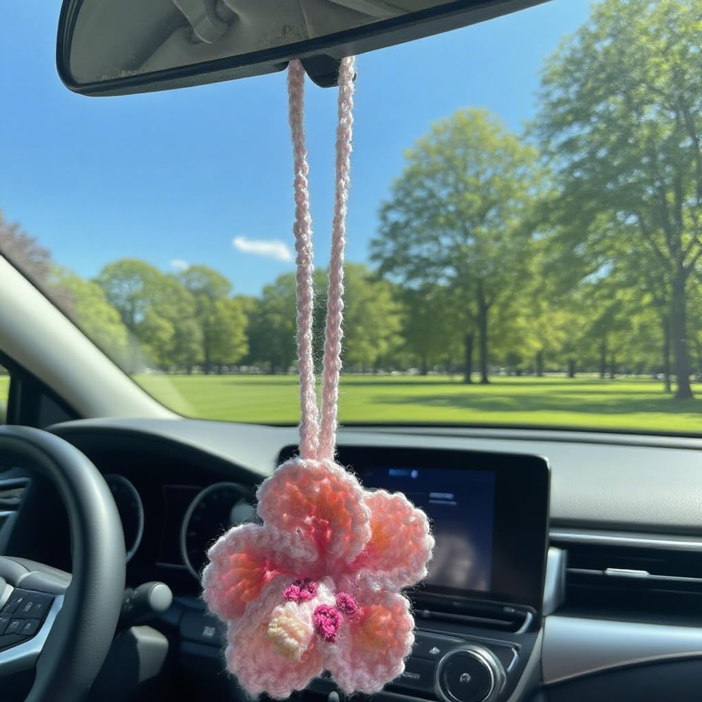 Hibiscus Flower Car Hanging Ornament,Crochet Hawaiian Tropical Flowers Bag Charms Decor Car Rear View Mirror Beach Accessories (
