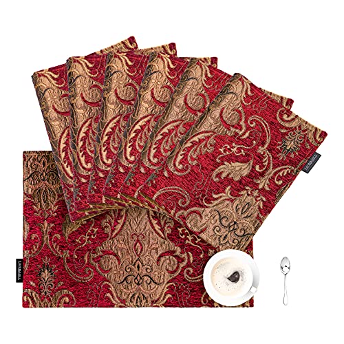 Loom And Mill Luxury Damask Placemats, Set Of 6 Vintage Jacquard Chenille Table Place Mats For Dining Table Kitchen Room Holiday