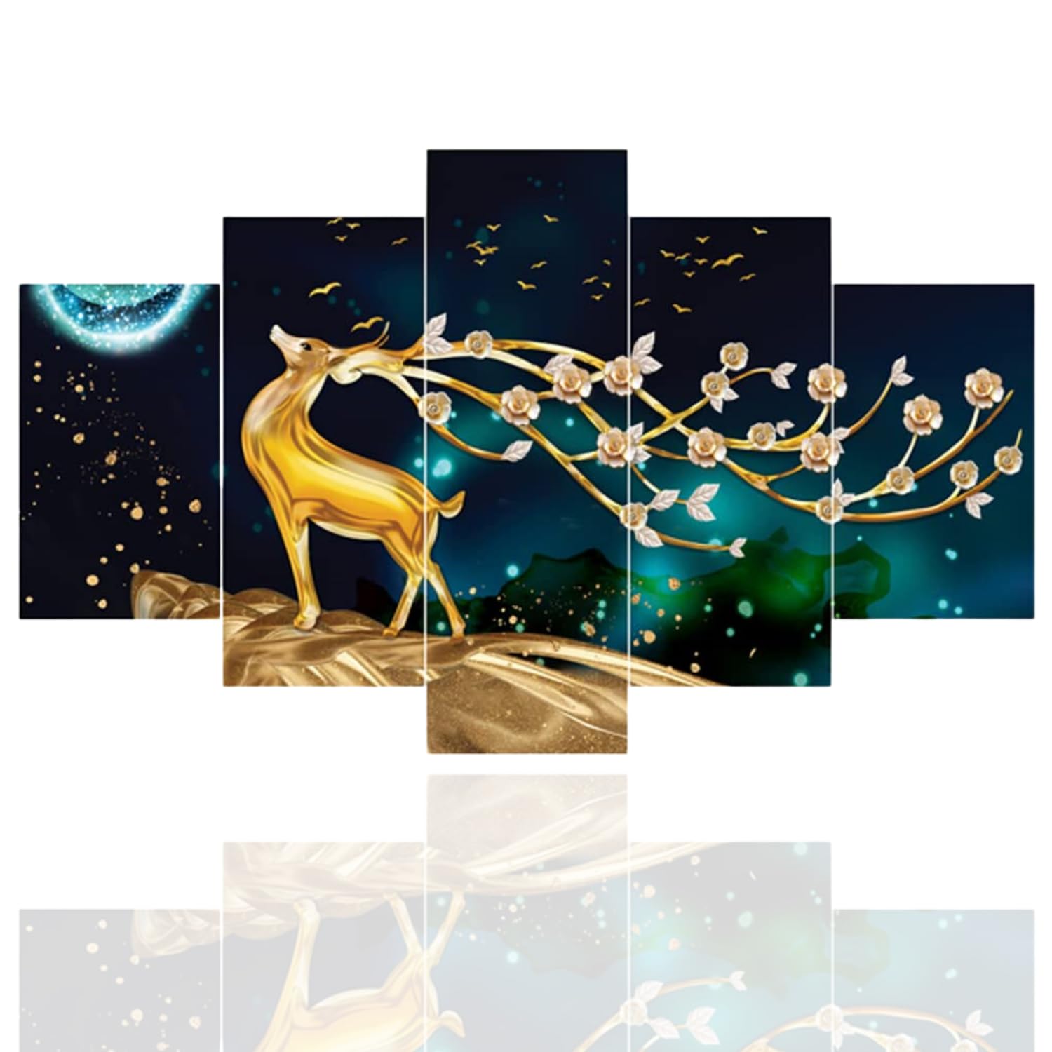 Masstone Deer Painting For Wall Decoration | Wall Painting For Bedroom Set Of 5, (76X43 Cm) | Vastu Scenery For Wall With Frames