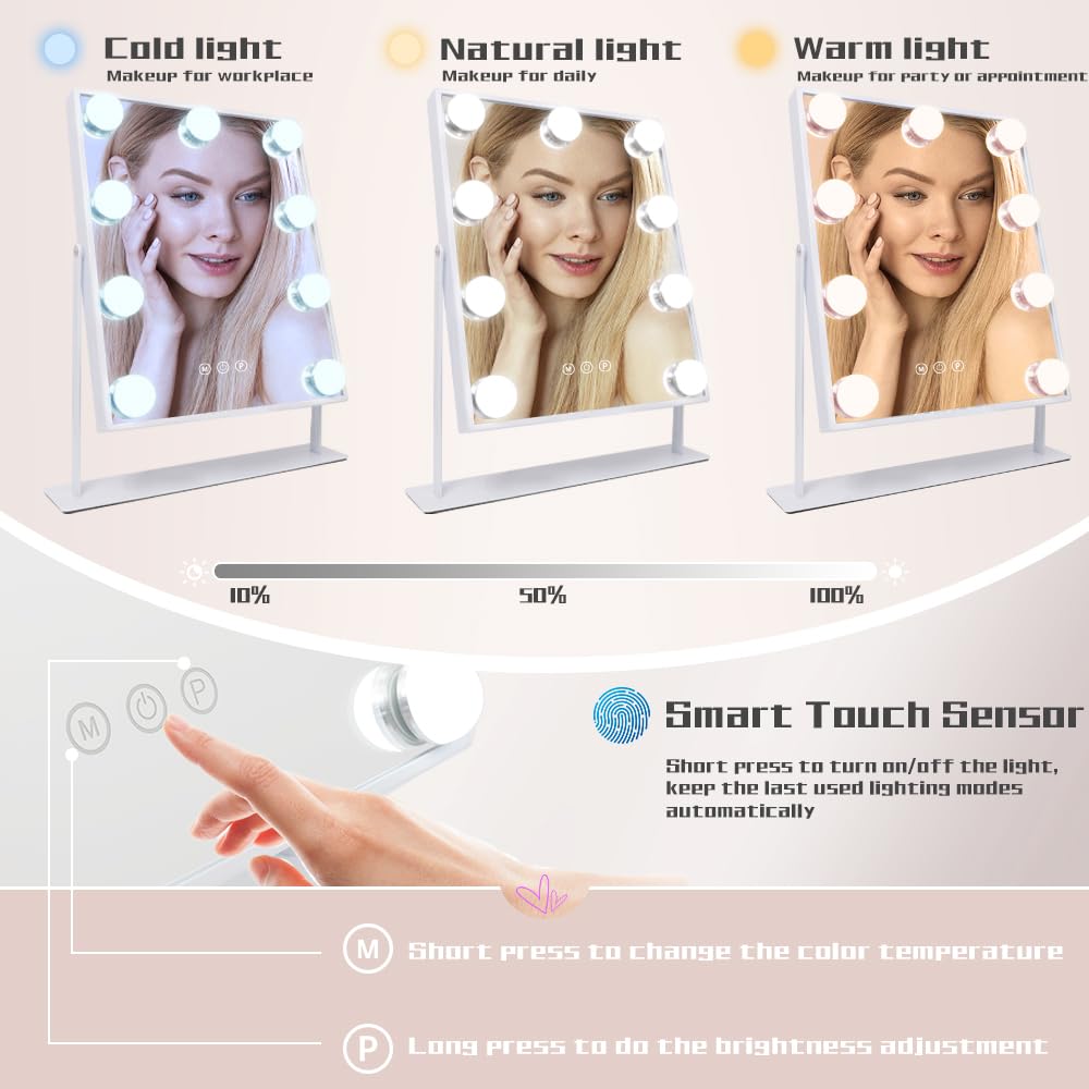Cooljeen Vanity Mirror With Lights, 9 Led Bulbs Lighted Makeup Mirror With Detachable 10X Magnification Mirror, Hollywood Mirror