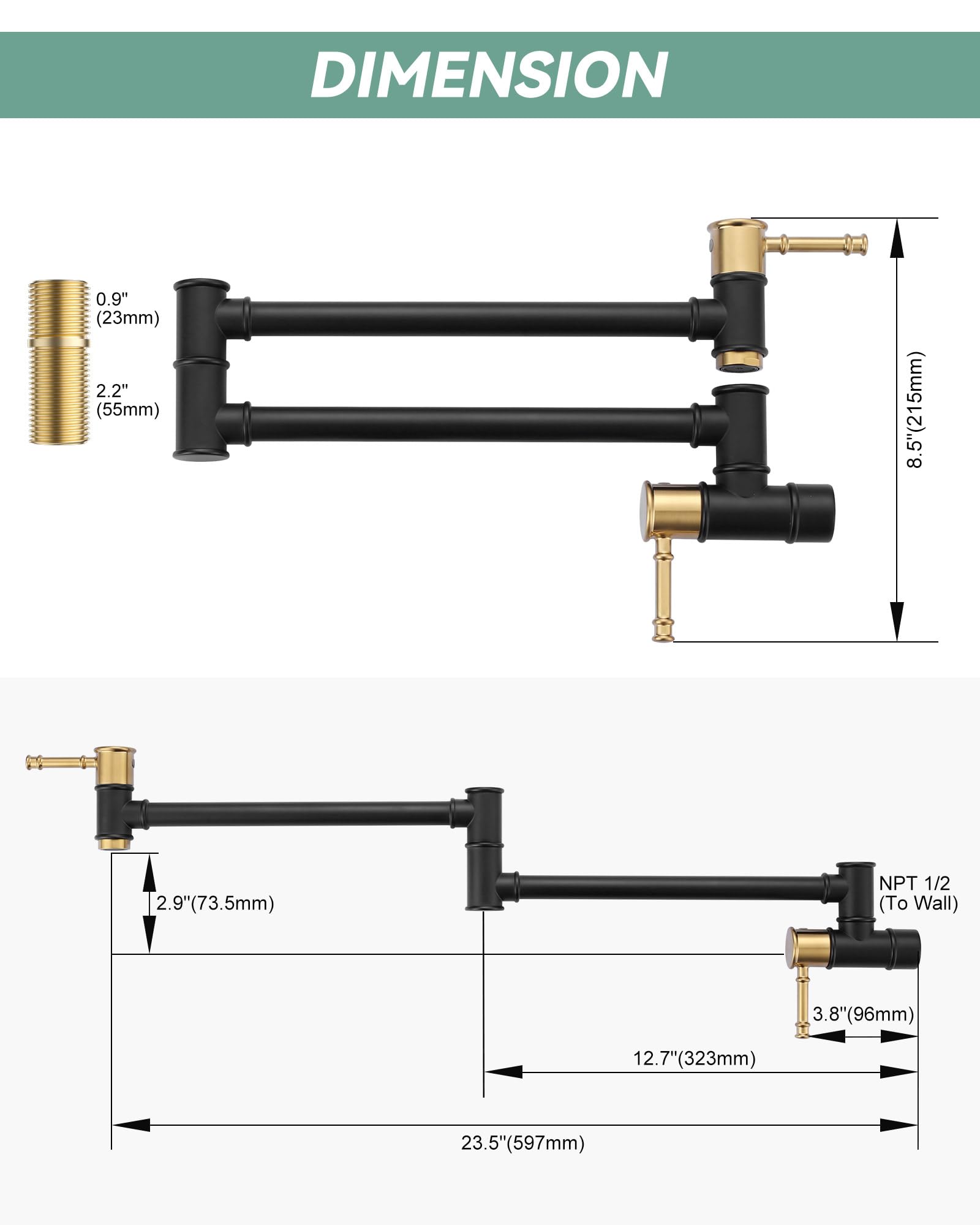 Pot Filler Faucet Black Gold, Wall Mount Stove Faucet For Kitchen Sink, Brass Kitchen Pot Faucet Over Stove, Pot Filler Folding