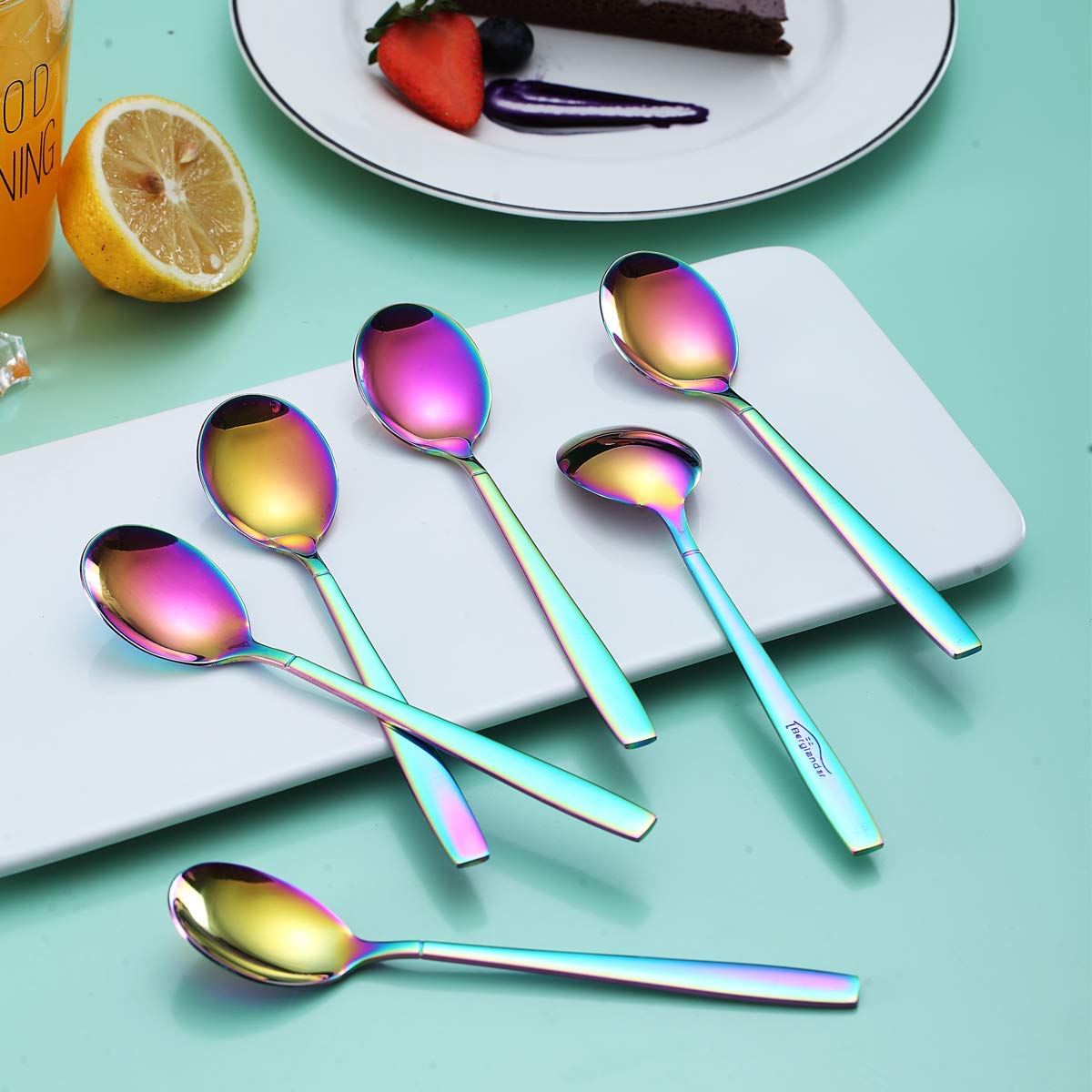 Berglander Rainbow Teaspoon, Stainless Steel Tea Spoon Dessert Spoon With Titanium Colorful Plating 6.5 Inches Pack Of 6
