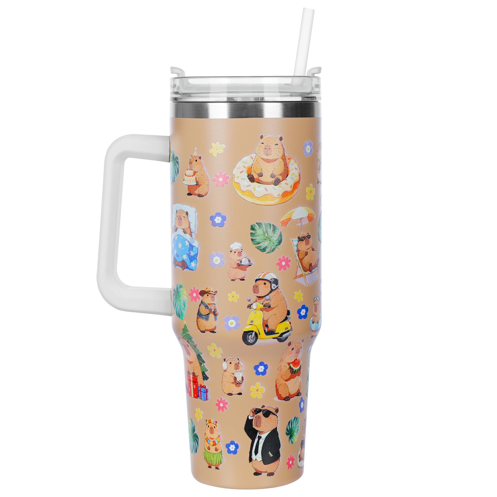 Capybara Water Bottle with Straw and Handle - 1200ml/40OZ Large Metal Sport Water Flask,Stainless Steel Capybara Water Cup Insul