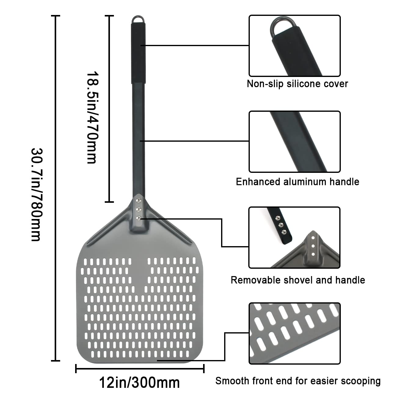 Bndhkr Perforated Pizza Peel Professional Anodized Aluminum Pizza Paddle With Silicone Handle 12 Inch Rectangular Pizza Turning