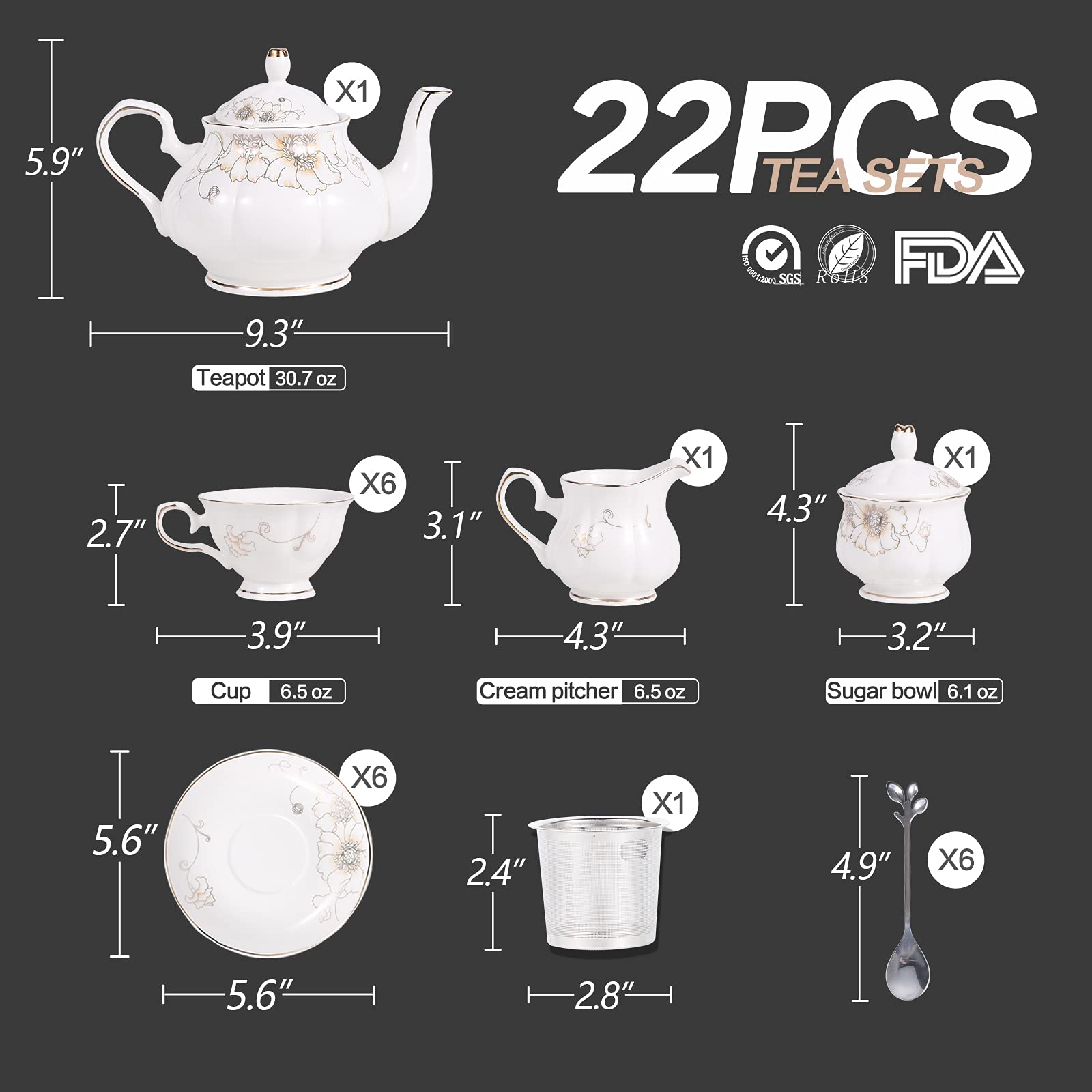 Chenp.Hmc Tea Set 22-Piece Porcelain Ceramic Coffee Tea Gift Sets Cups Saucer Service For 6 Teapot Sugar Bowl Creamer Pitcher An
