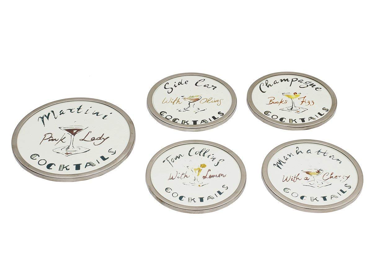 Store Indya Metal Drink Coaster And Trivet 5-Pack Set (White Cocktails)